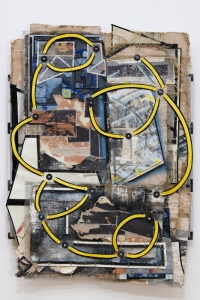 Running Under the Seracs, 185cm x 135cm, Household emulsion paint, plaster, burlap, wire mesh, timber, paper, plastic sheeting, linoleum flooring, tape, bolts, 2018