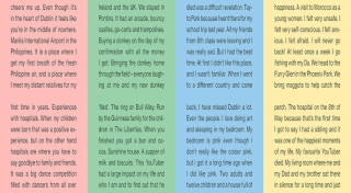 A image of four coloured panels in yellow, blue green and pink. Each panel contains lines of text in clear black font.