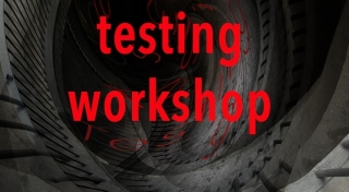 A photomontage that reads 'testing workshop' in red bold font.