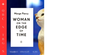 A blue, white and red graphic reads 'Queer Book Club x Temple Bar Gallery + Studios, Marge Piercy, Woman on the edge of time, Studio 1, 25.01.25, 6:30pm'