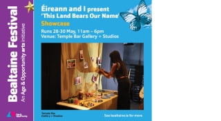 A blue and purple graphic reads Bealtaine Festival An Age & Opportunity Initiative alongside the event details and an image of the participants