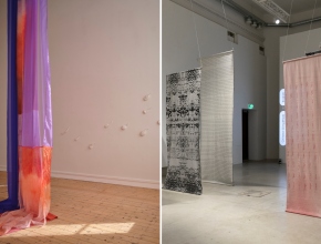 (Left) Cliodhna Timoney, 'In the Wee Hours', EVA International: Platform Commissions at The Dock, Carrick on Shannon, March 2024. Photo: Ros Kavanagh. (Right) Yujie Zhou, 'Save as Text', Installation View at QWERTY, Photographic Gallery Hippolyte, Helsinki, Finland, 2023. Photo: Milla Talassalo / Hippolyte.