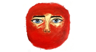 A red disc is painted on a white surface. At the centre of the disc are human eyes and a nose.
