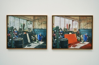 Workshop with Motor Tester,  Oil on linen, 127 x 50cm (diptych) 2012