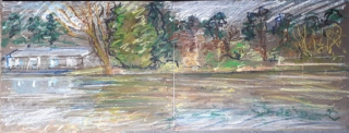 Liffey, near Islandbridge, Spring 2020, oil pastel on paper, diptych, each 30.5 cm x 40.6 cm