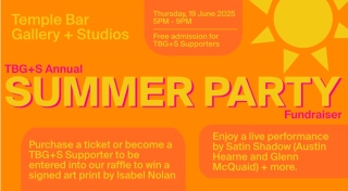 An orange graphic with yellow and pint text reads TBG+S Annual Summer Party Fundraiser'. A yellow sun is in the top right-hand corner. Further text outlining the date and time and event offerings appears in deep orange squares.