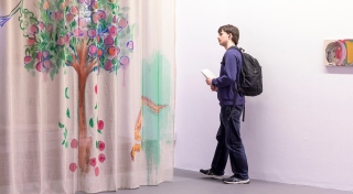 A visitor at Lucy Stien, 'Lunula', Temple Bar Gallery + Studios. Photo: Evanna Devine.