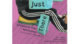 Workshop poster of Eimear’s legs being held in position with blue and cream foam. She’s wearing black and white adidas bottoms with Birkenstocks. The image has a newspaper collage style.