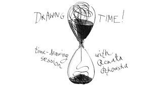 A black and white graphic of a drawing of an hour glass with handwritten text reading 'Drawing Time, time-drawing session with Renata Pękowska'