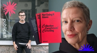 Two portraits sided by side. On the left is Dr. Paul O' Neill leaning against a window. On the right is Dr. Gerrie van Noord. Overlaid between the portraits is an image of a stack of red books titled: Not Going it Alone.