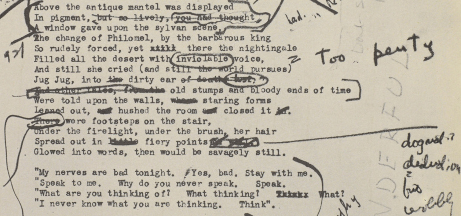 Relatively Speaking: A guided walking tour

The Waste Land: a facsimile and transcript of the original drafts, including the annotations of Ezra Pound / T. S. Eliot ; edited by Valerie Eliot, 1971 (detail). © Estate of T. S. Eliot and reprinted