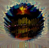 An image shows two abstract crystalline figures with arms around one another in front of an abstract landscape of trees. WE CAN’T DO THE ALONE is written in bold font at the top of the image. Six similarly abstract faces look out along the bottom of the image in front of a background of smoke trails. Smaller bold font reads BLACK TRANS POWER.