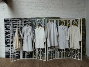 Lucy McKenzie, Atelier EB screen and work coats. Courtesy the artist.