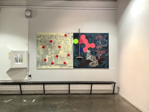 Joe Hanly, Proposition Diptych, 2021, acrylic lacquers and archival ink on canvas, 150cm x 300cm