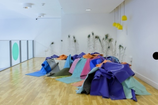 Light sensing organ, 2020. Used yoga mats, peacock feathers, transducers and raspberry pi, Ann Maria Healy/Christopher Steenson. Photo by Louis Haugh. Courtesy of the artist.