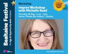 A blue graphic reads Bealtaine Festival alongside the event details and a portrait of Michelle Read