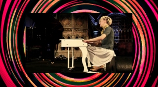 A photomontage by Joe Hanly. Interior image: Xenia Pestova Bennett performing at Daylight Music, London (2017), video still by Sam Ziajka; exterior image: Joe Hanley, original print, (2023). Courtesy of the artists.