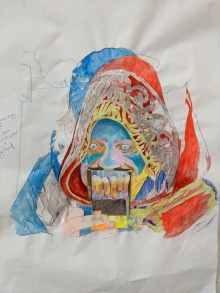Work in progress(Crimson Hood), pencil and acrylic on paper, 2022