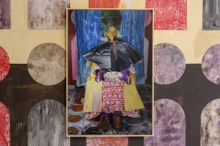 Austin Hearne, Raymond and Me, (2021), 120x80cm, Dibond on Aluminum in a faux marble tray frame. shown against a faux marble wallpapered wall (dimensions variable) as part of the solo exhibition 'Love Letters To Cardinal Raymo' at Gorey School of Art, July/Aug 2021. Photo: Louis Haugh