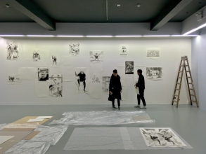 Mairead Oh'Eocha installing her exhibition at Temple Bar Gallery + Studios with Tanad Aaron, February 2020.