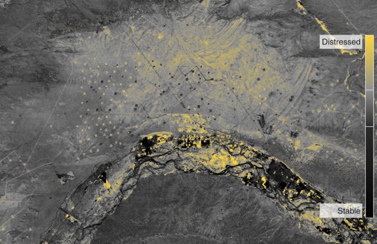 Forensic Architecture, Oil and Gas Pollution in Vaca Muerta, 2019 | 5:02 min | Image: Normalised Difference Vegetation Index (NDVI) analysis of the region surrounding the town of Anēlo in Vaca Muerta. Credit: Forensic Architecture.