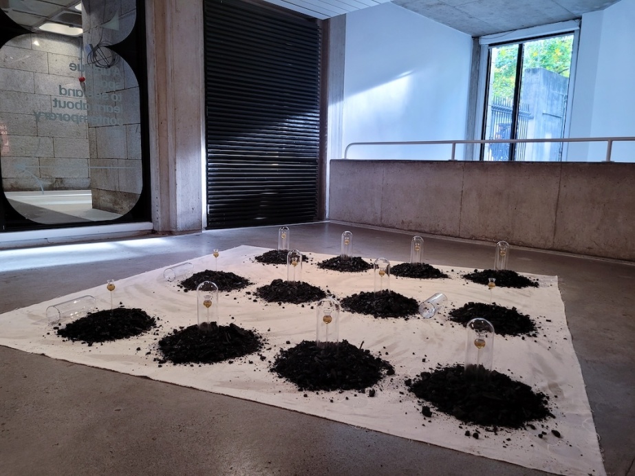 Christopher McMullan

'Muc Chaor [Pig Berry]', 2023. Distillates of wild rose, cultivated rose, hyphae-rich soil, and algae; biochar of expired bee hive frames; laboratory glass. 2.8m x 2.8m. Courtesy the artist.